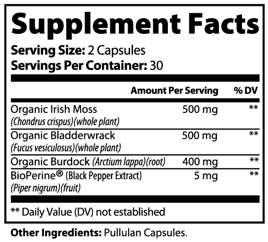 Minimo Nutrition Sea Moss with Bladderwrack and Burdock Root Supplement Facts panel label image