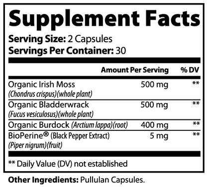 Minimo Nutrition Sea Moss with Bladderwrack and Burdock Root Supplement Facts panel label image