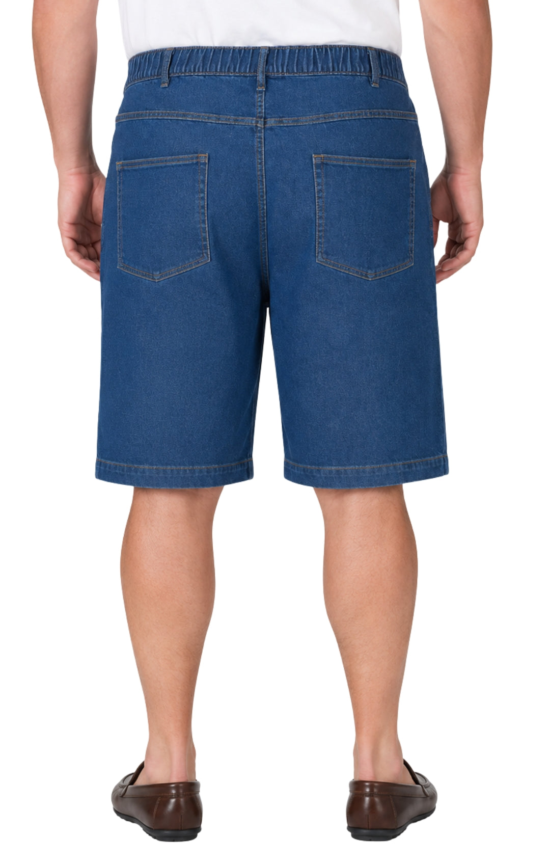 Turtle Bay men's pull-on stretch denim and twill shorts in Denim Med Blue, back view