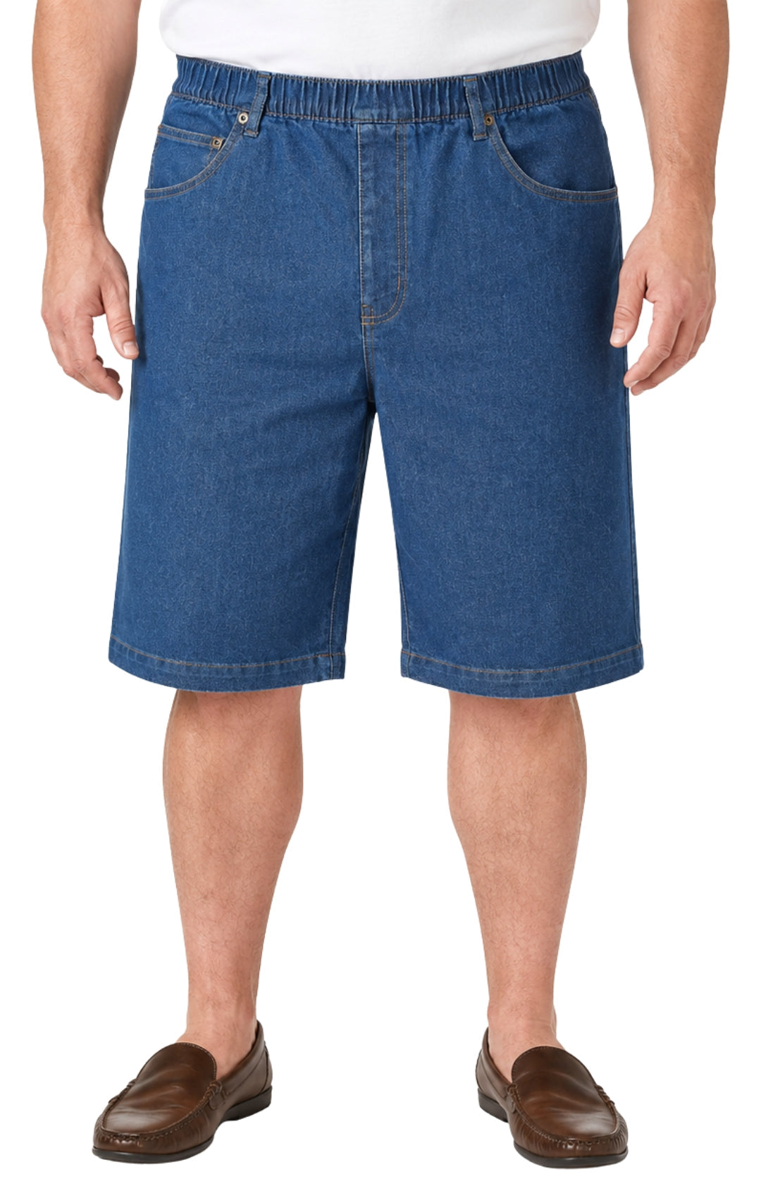 Turtle Bay men's pull-on stretch denim and twill shorts in Denim Med Blue, front view