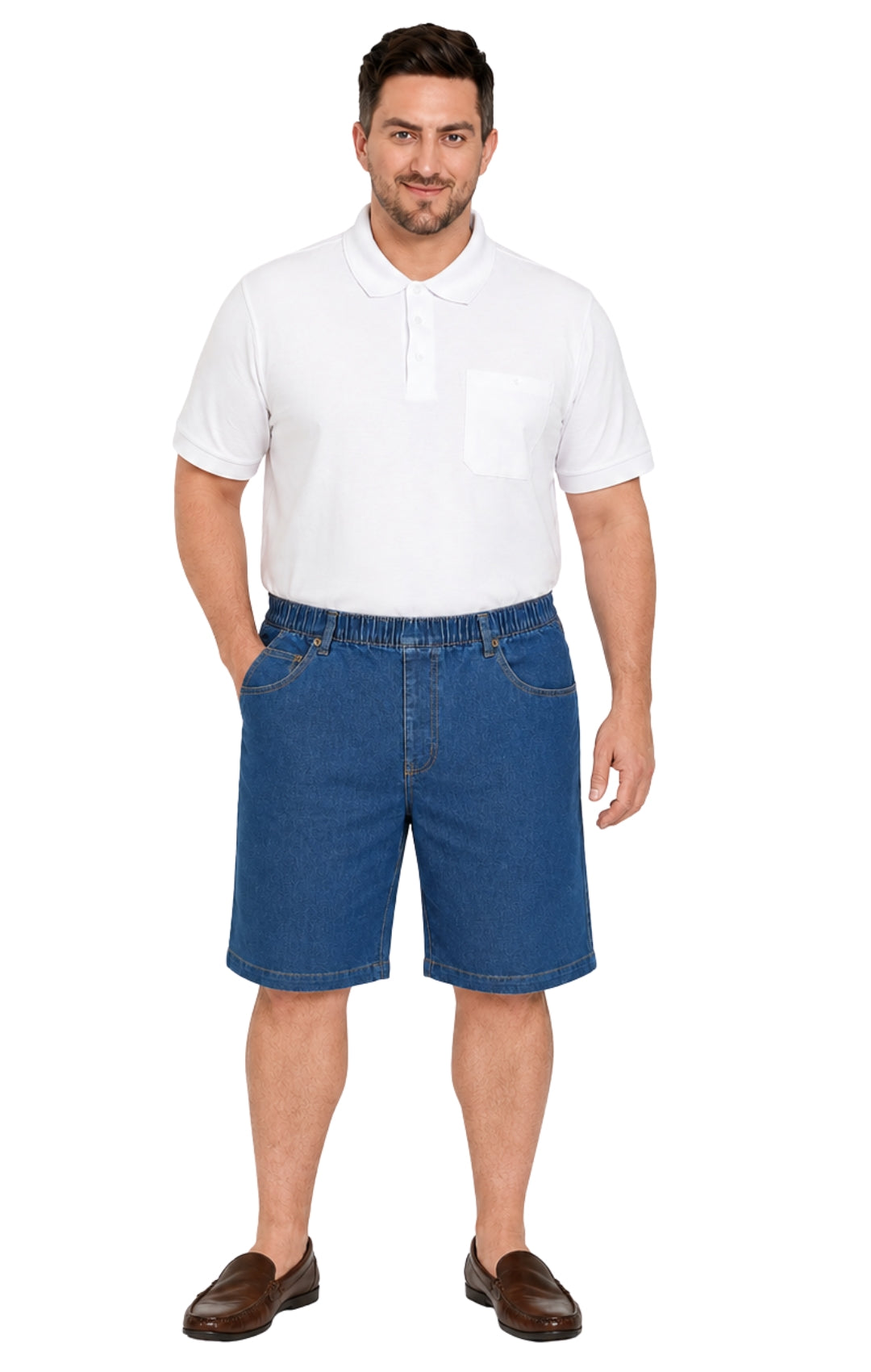 Turtle Bay men's pull-on stretch denim and twill shorts in Denim Med Blue, full-length view
