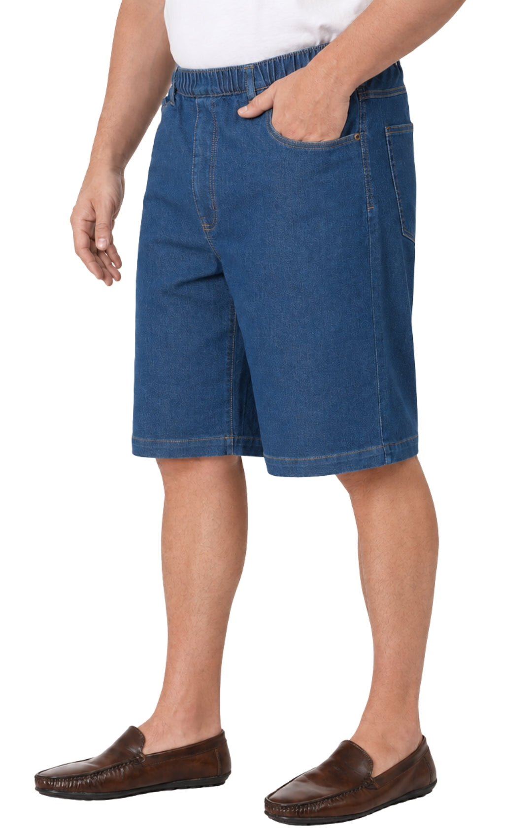 Turtle Bay men's pull-on stretch denim and twill shorts in Denim Med Blue, side view