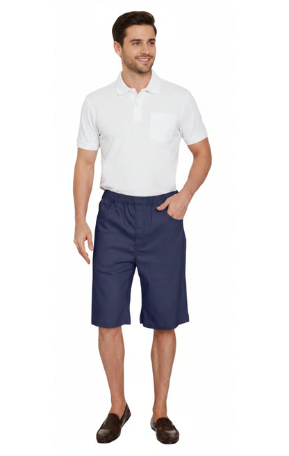 Turtle Bay men's pull-on stretch denim and twill shorts in Twill Navy, full-length view
