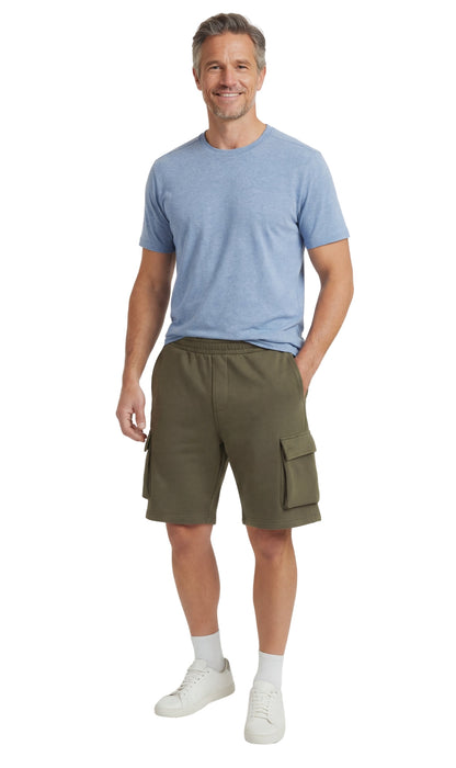 Turtle Bay men's fleece cargo shorts in Olive, full-length view