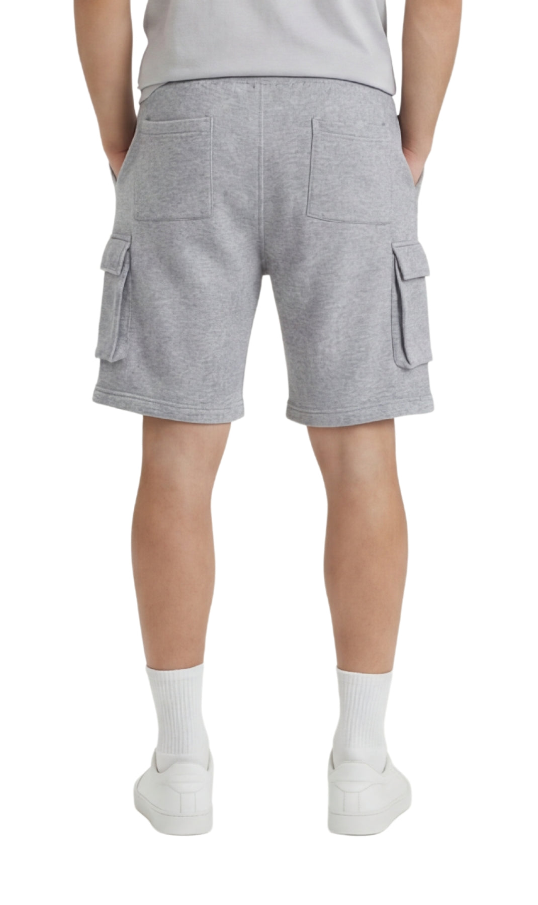 Turtle Bay men's fleece cargo shorts in Grey Heather, back view