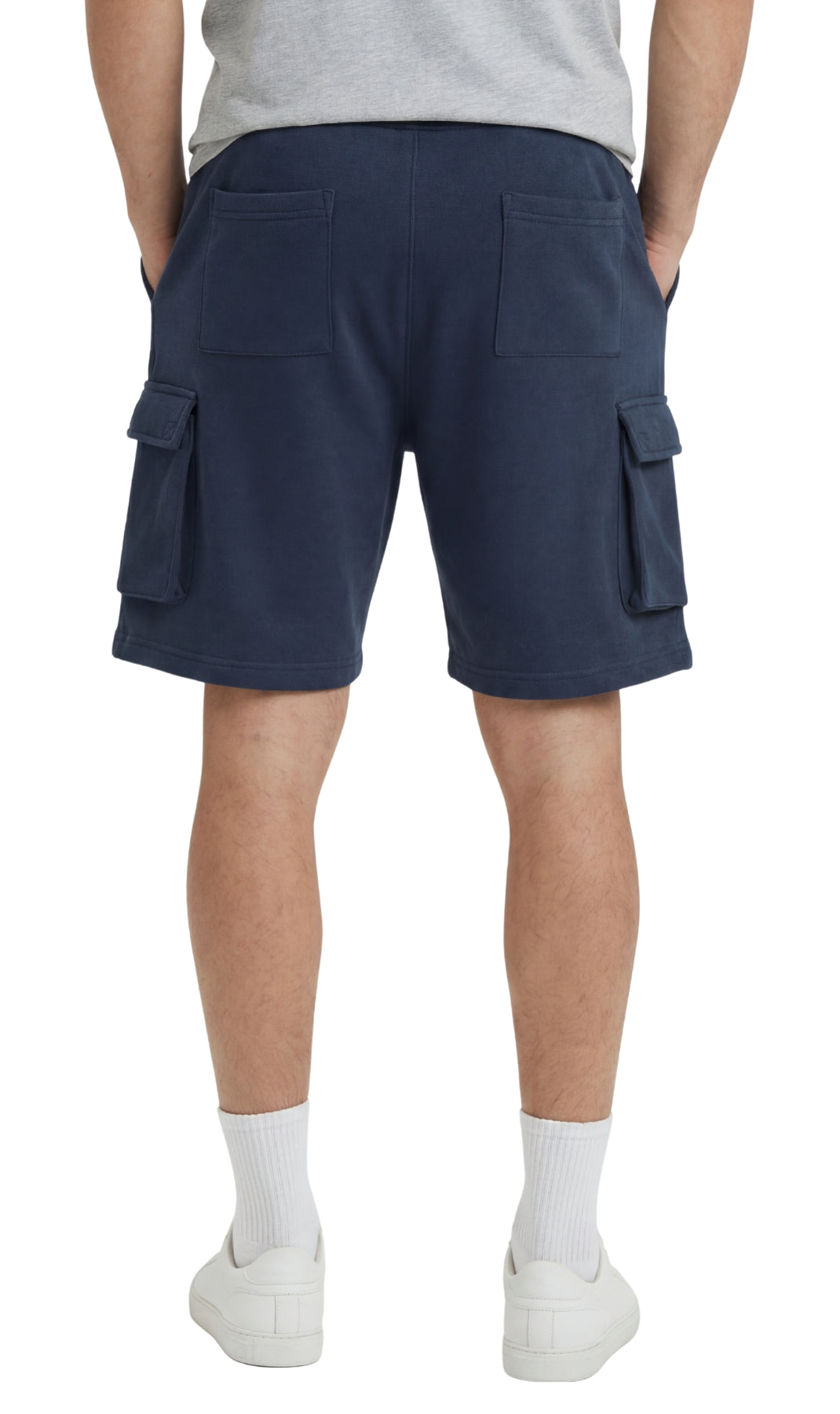 Turtle Bay men's fleece cargo shorts in Dark Navy, back view