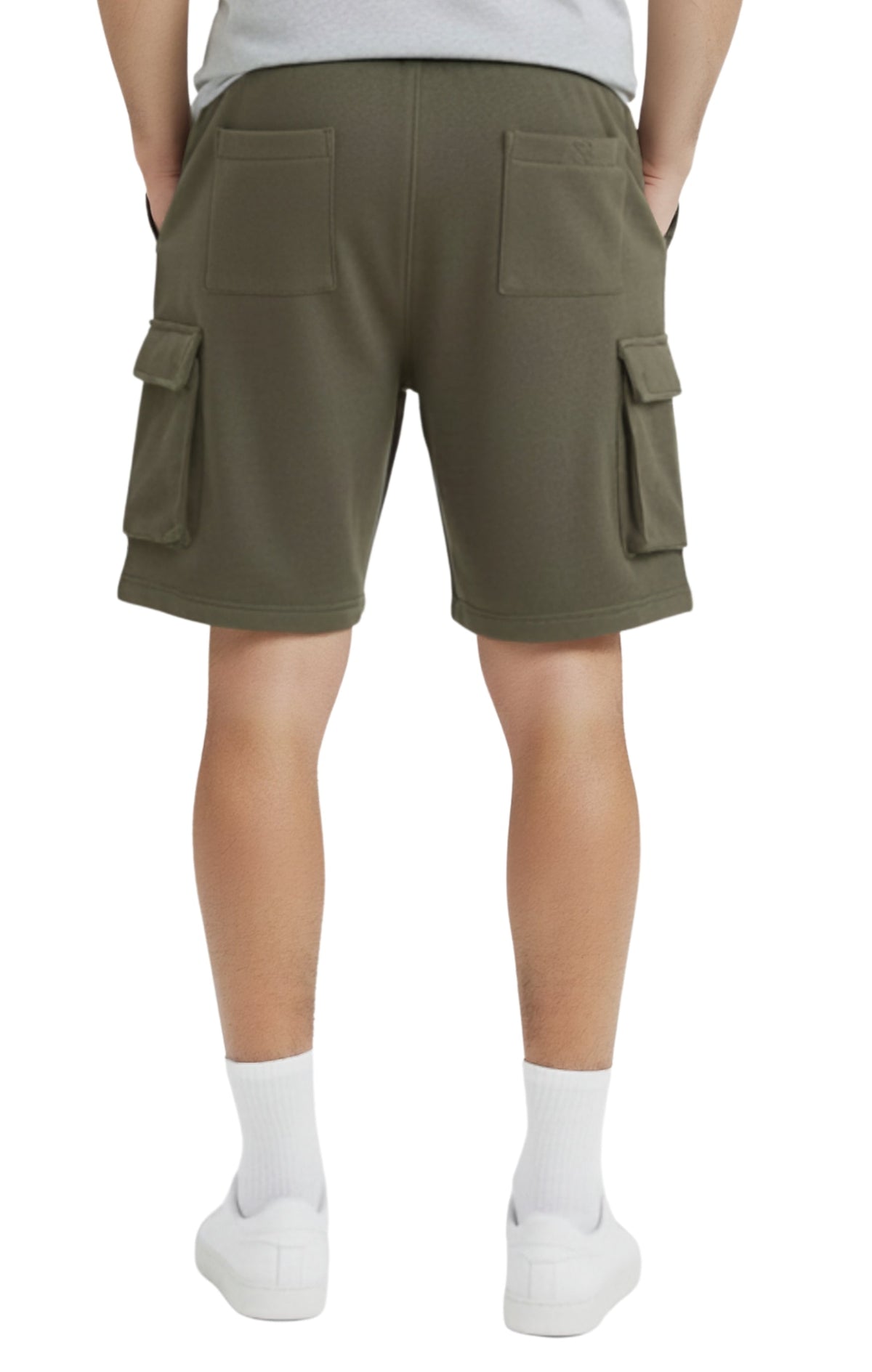 Turtle Bay men's fleece cargo shorts in Olive, back view