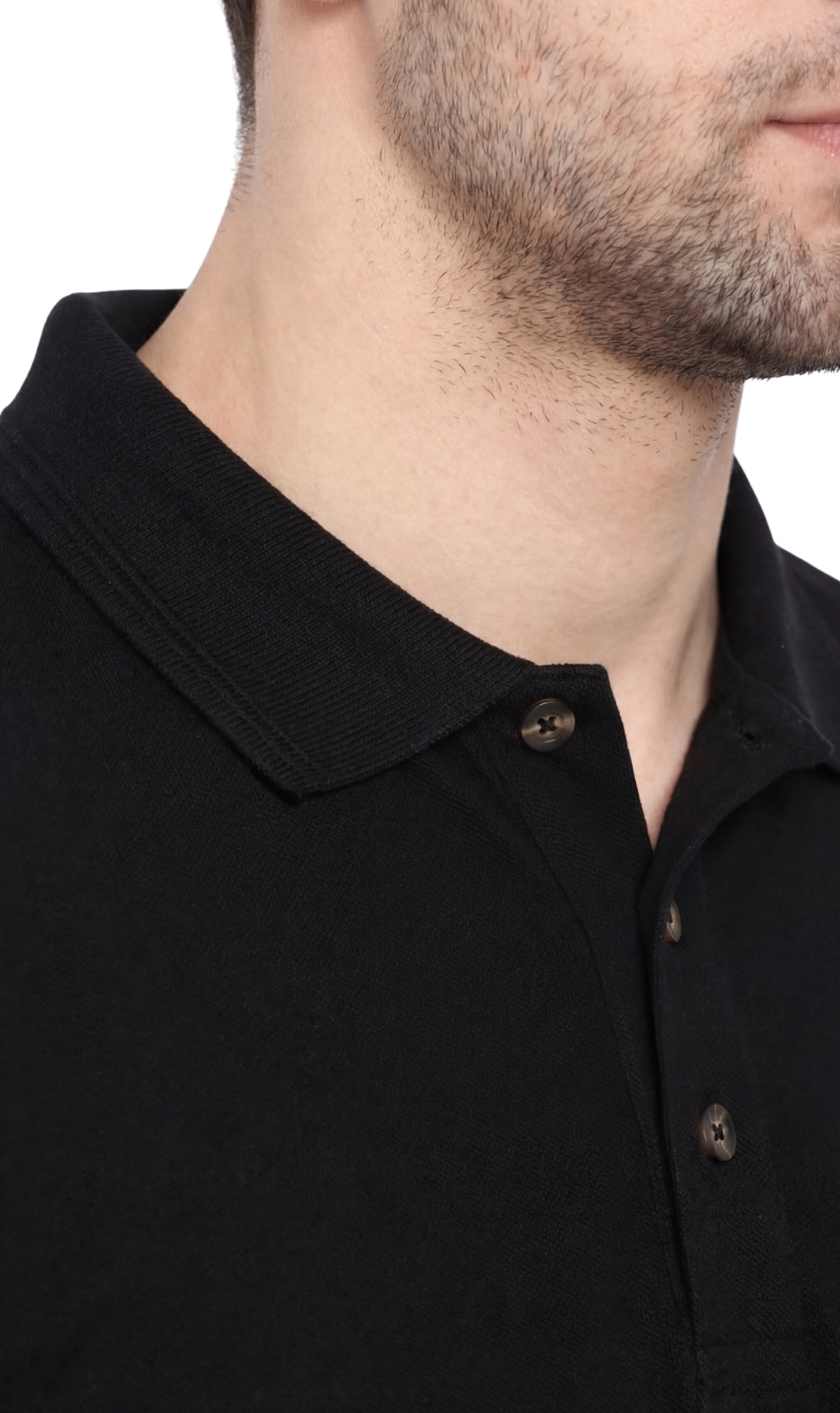 Turtle Bay men's short sleeve pique knit polo shirt in Black, neckline detail