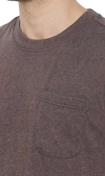 Turtle Bay men's heavyweight crew neck pocket t-shirt in Charcoal Heather, neckline detail