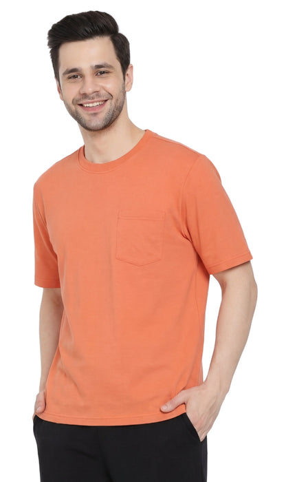 Turtle Bay men's heavyweight crew neck pocket t-shirt in Melon, front view