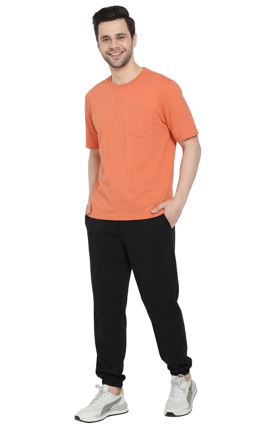 Turtle Bay men's heavyweight crew neck pocket t-shirt in Melon, full-length view