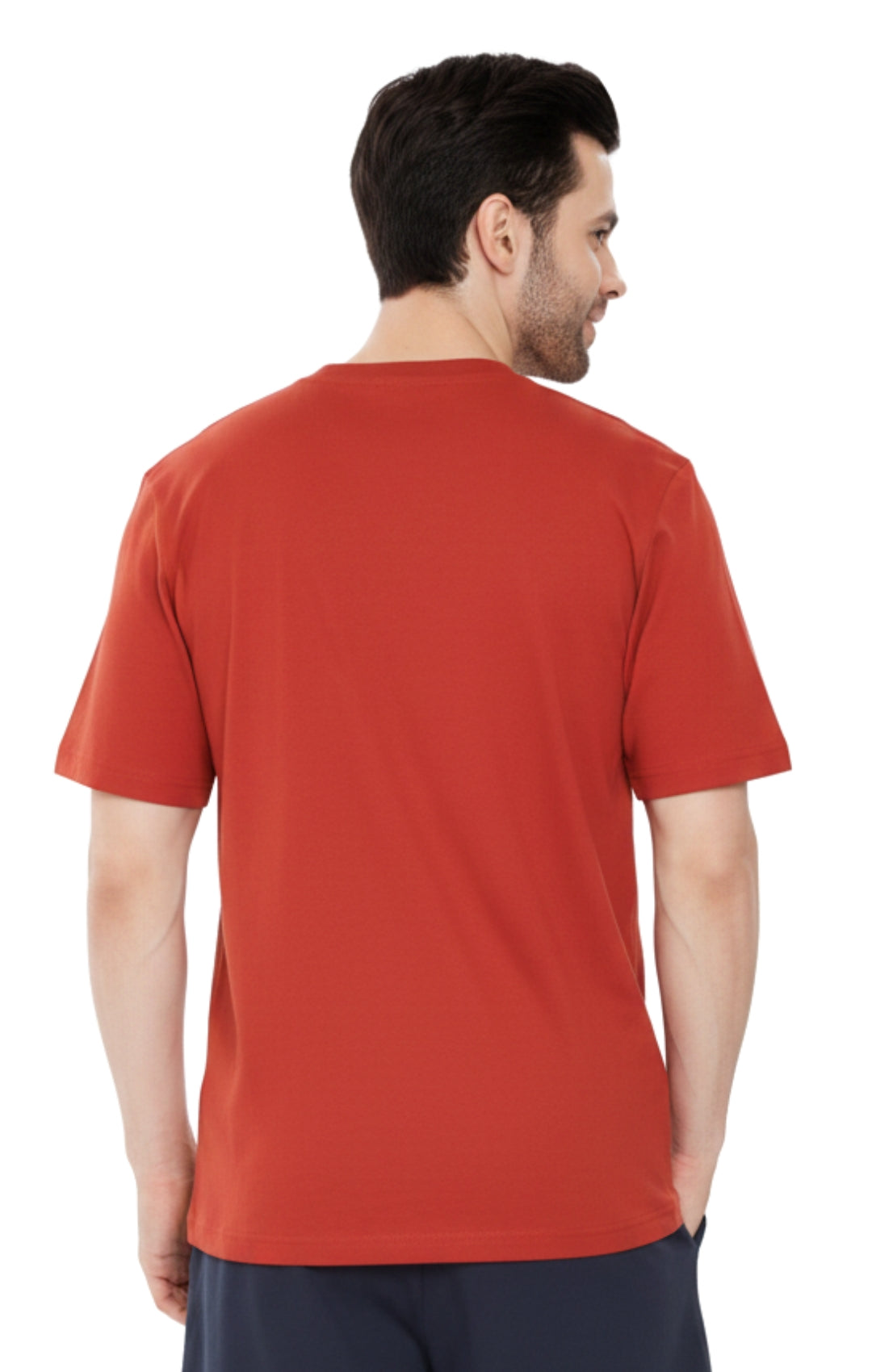 Turtle Bay men's heavyweight crew neck pocket t-shirt in Redwood, back view