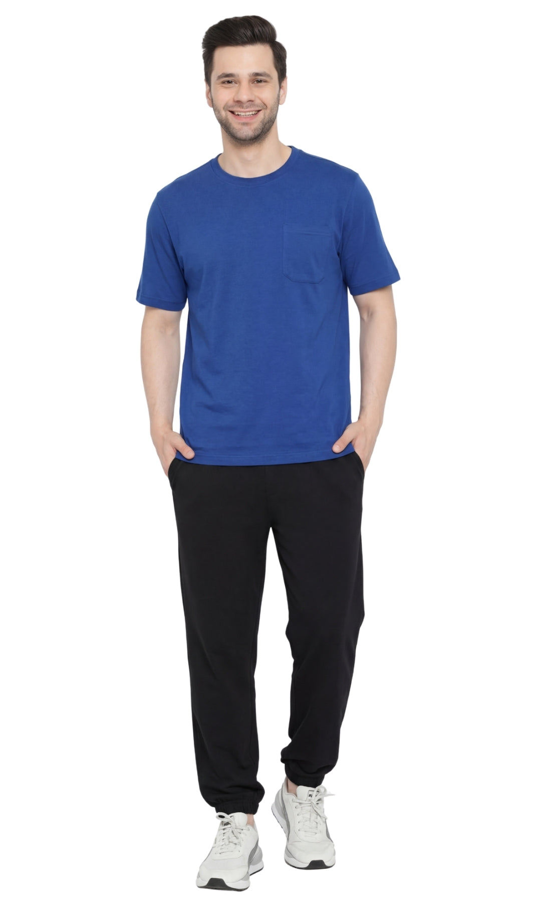 Turtle Bay men's heavyweight crew neck pocket t-shirt in Royal, full-length view
