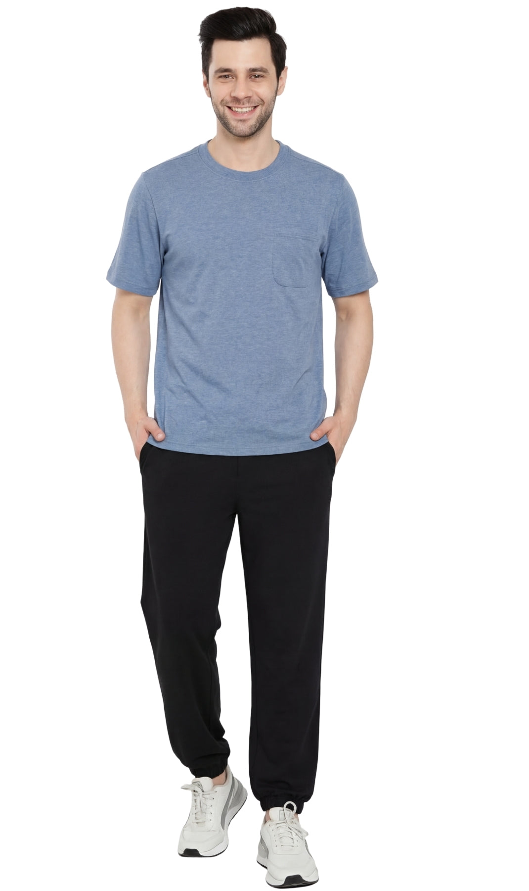 Turtle Bay men's heavyweight crew neck pocket t-shirt in Blue Heather, full-length view