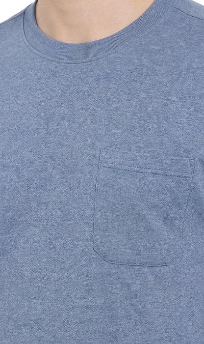 Turtle Bay men's heavyweight crew neck pocket t-shirt in Blue Heather, neckline detail