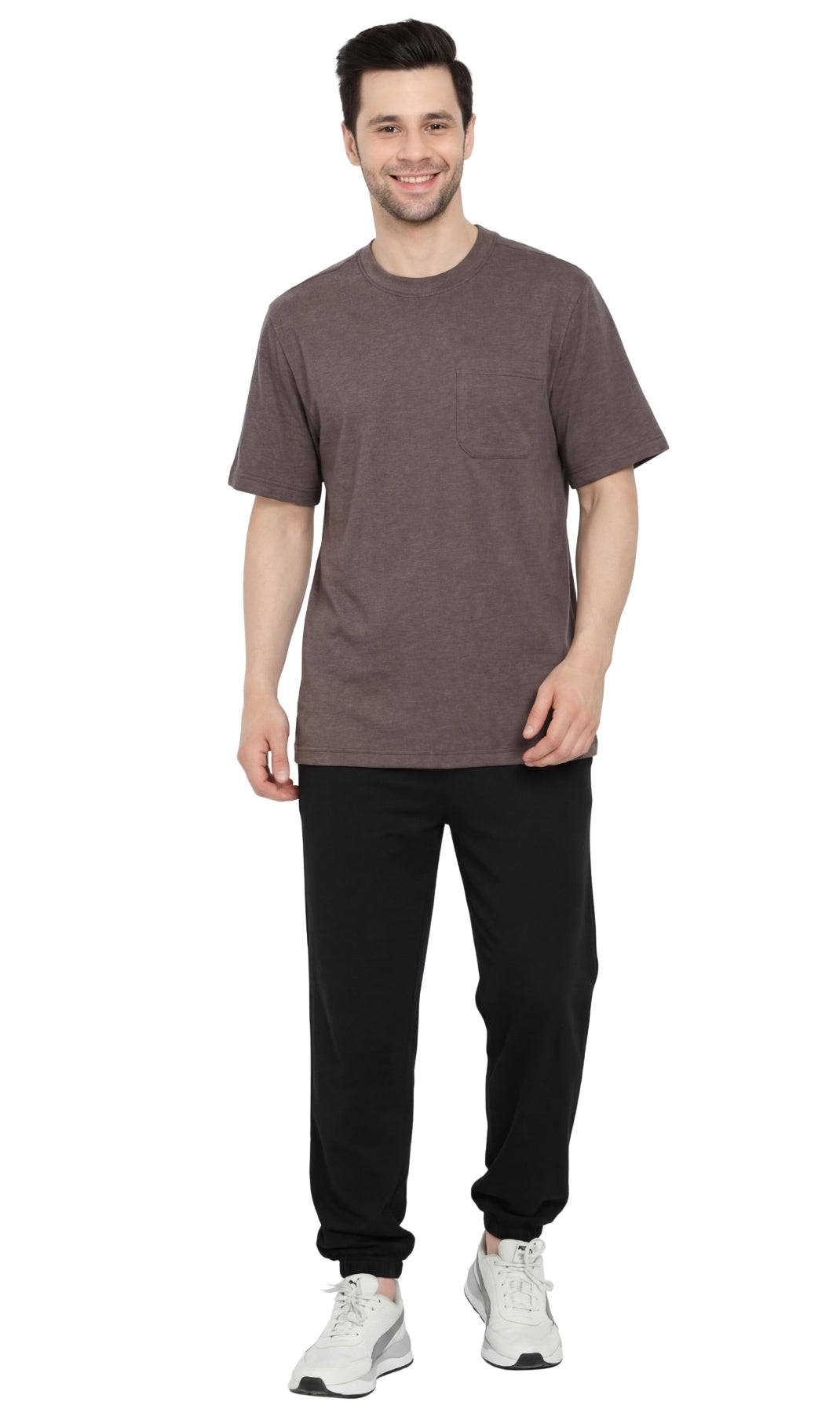 Turtle Bay men's heavyweight crew neck pocket t-shirt in Charcoal Heather, full-length view