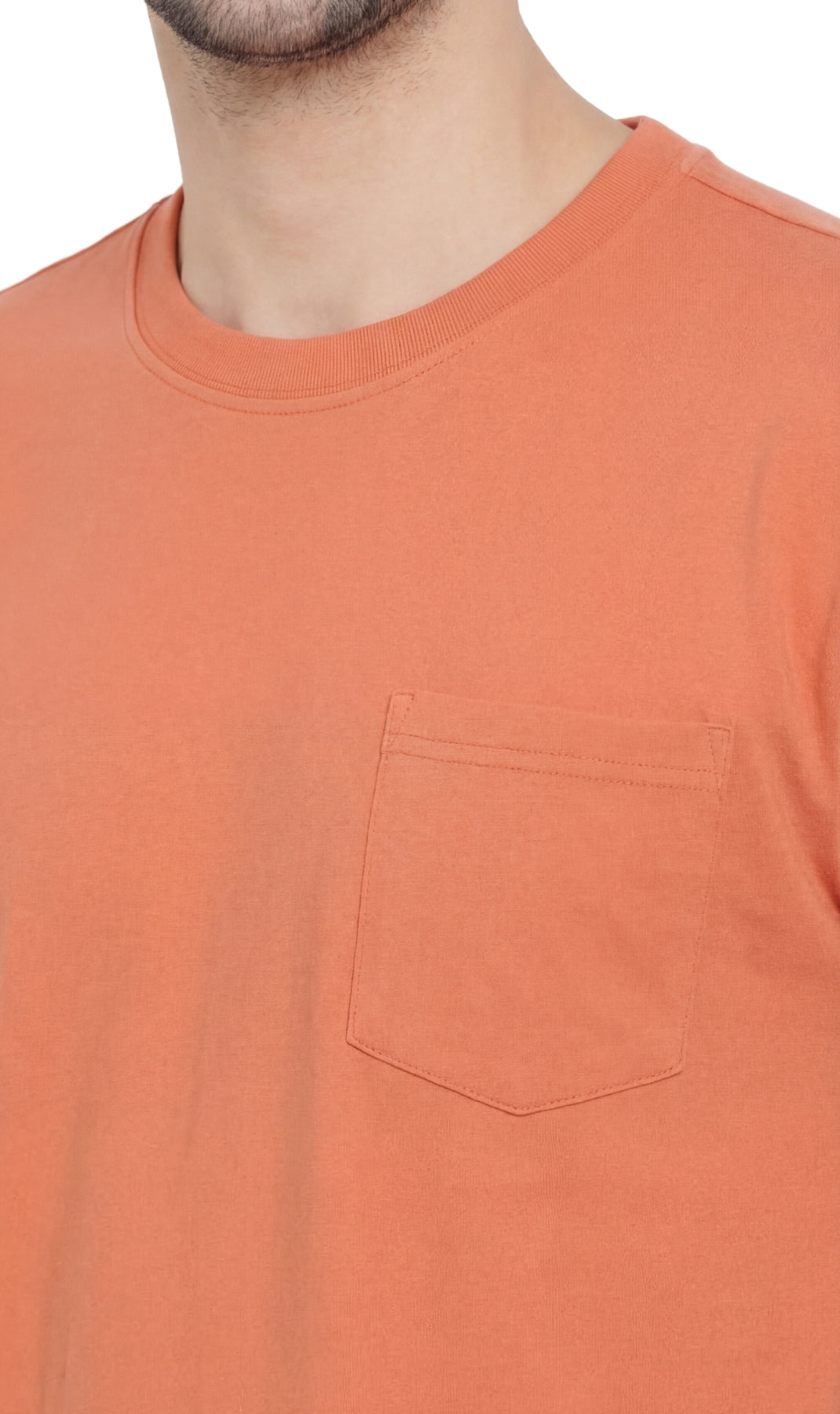 Turtle Bay men's heavyweight crew neck pocket t-shirt in Melon, neckline detail