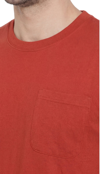 Turtle Bay men's heavyweight crew neck pocket t-shirt in Redwood, neckline detail