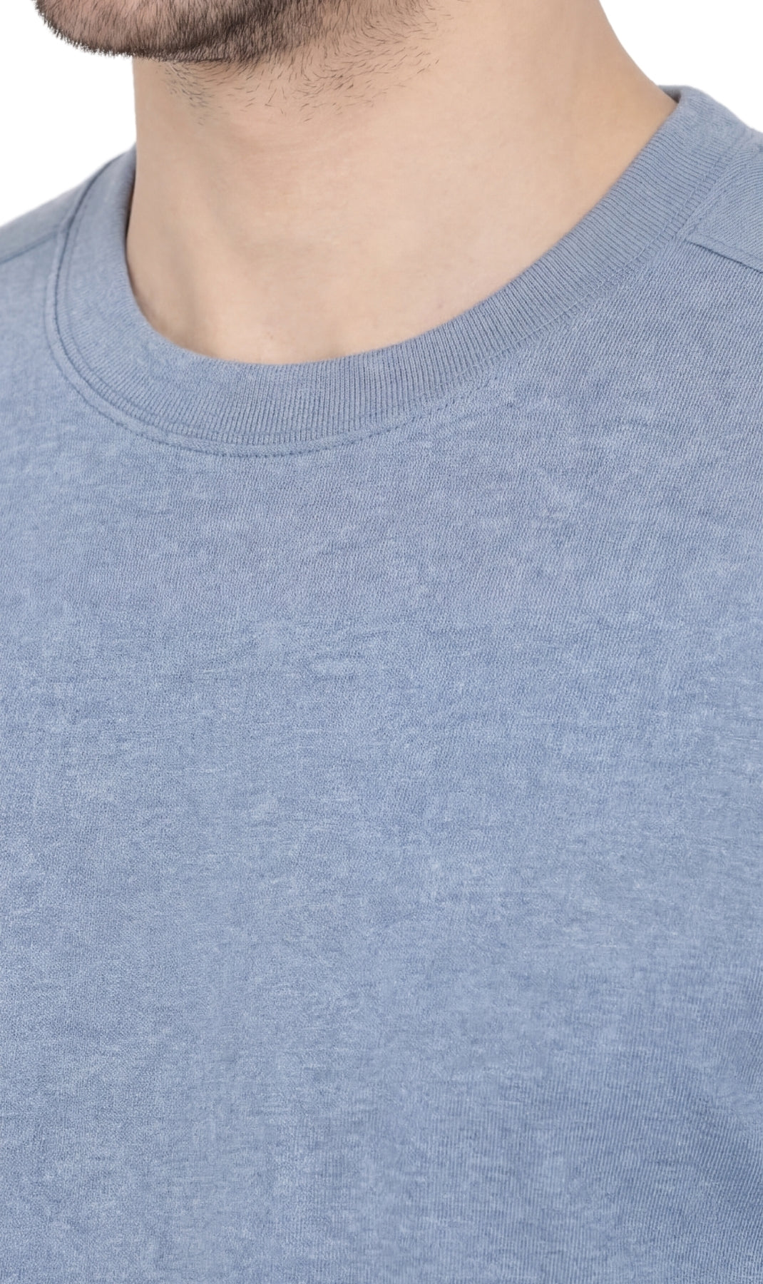 Turtle Bay men's heavyweight short sleeve crew neck t-shirt in Blue Heather, neckline detail