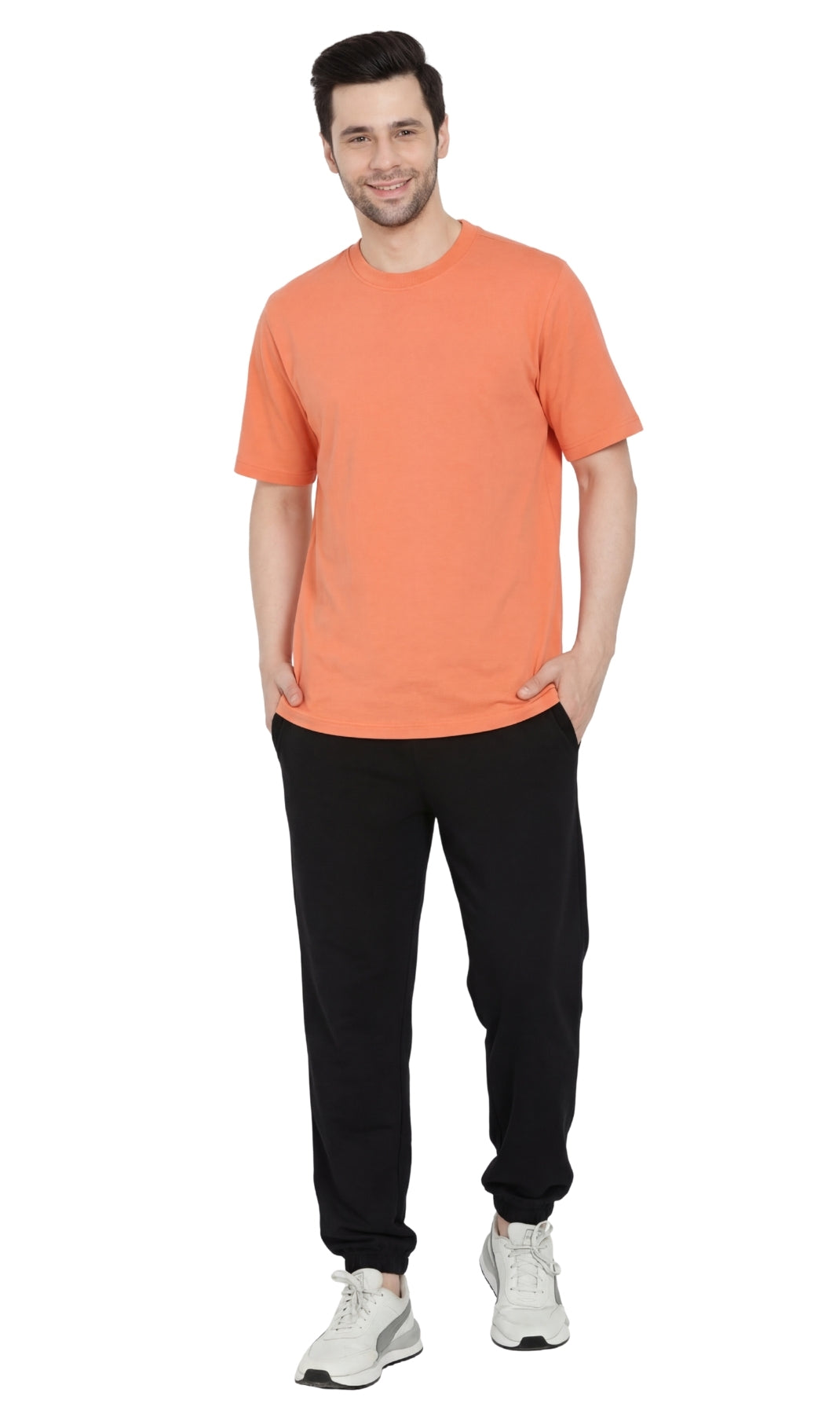 Turtle Bay men's heavyweight short sleeve crew neck t-shirt in Melon, full-length view