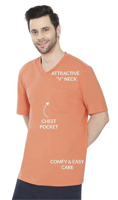Turtle Bay men's heavyweight v-neck pocket t-shirt in Melon, close detail