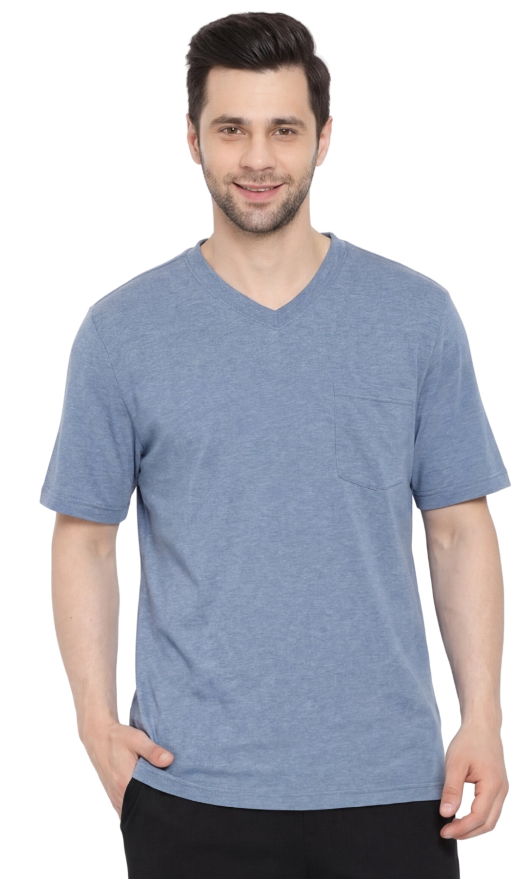 Turtle Bay men's heavyweight v-neck pocket t-shirt in Blue Heather, front view