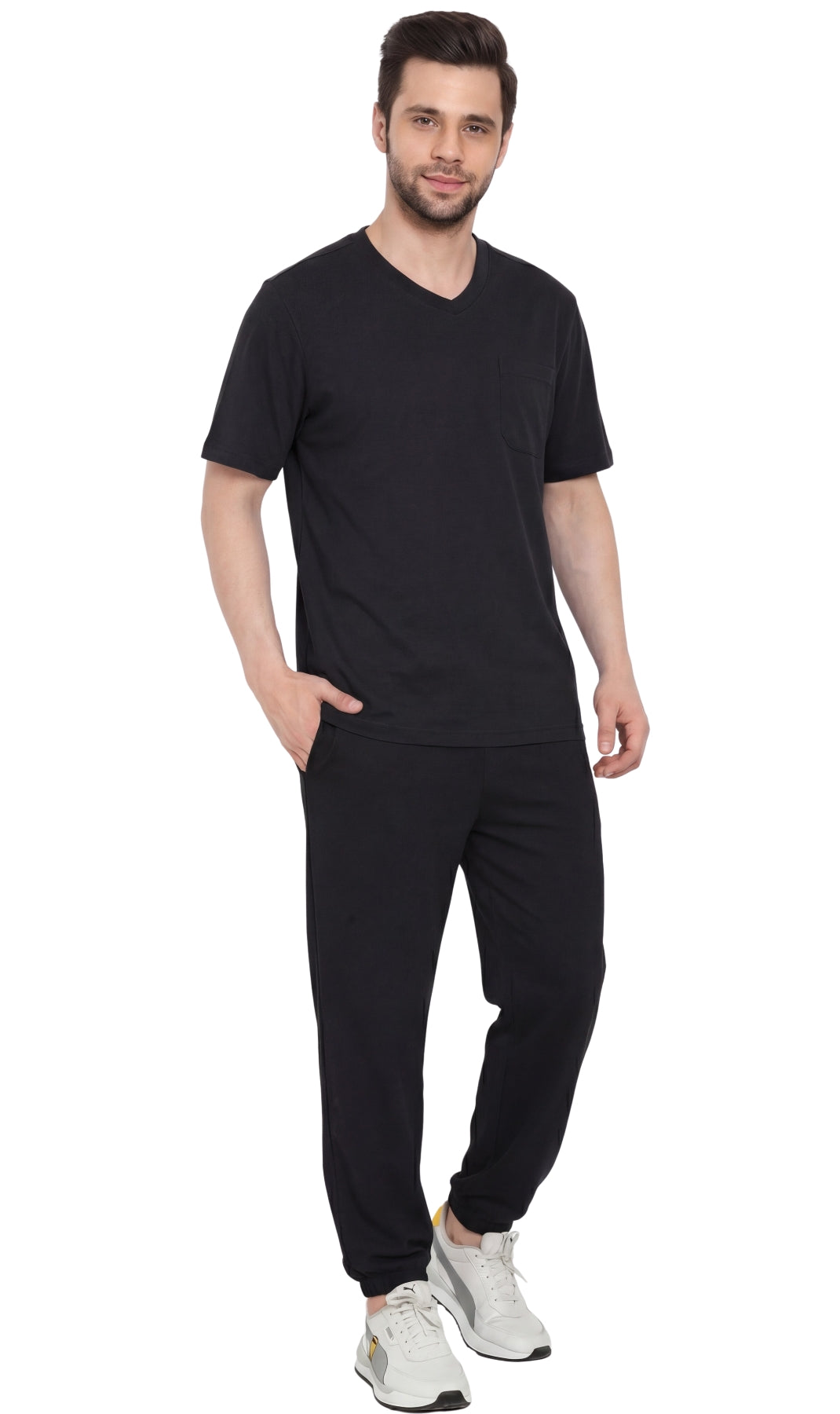 Turtle Bay men's heavyweight v-neck pocket t-shirt in Black, full-length view