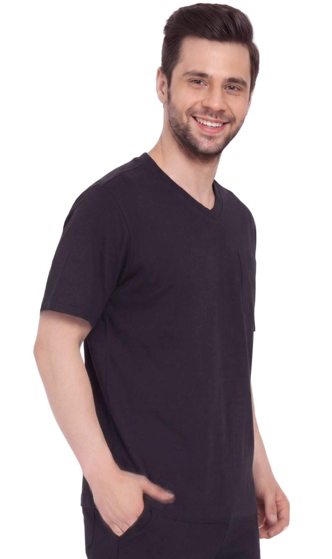 Turtle Bay men's heavyweight v-neck pocket t-shirt in Black, side view