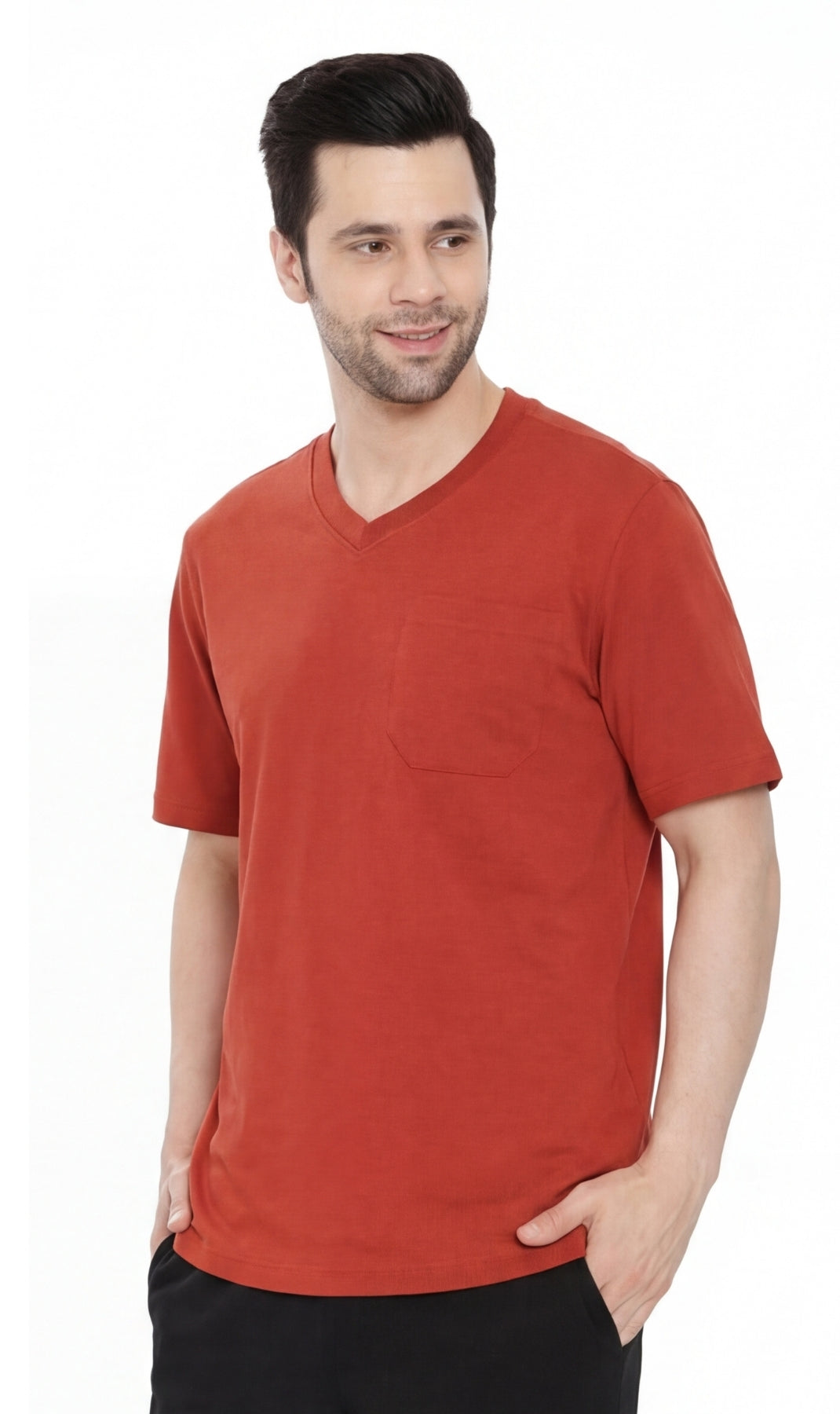 Turtle Bay men's heavyweight v-neck pocket t-shirt in Redwood, front view