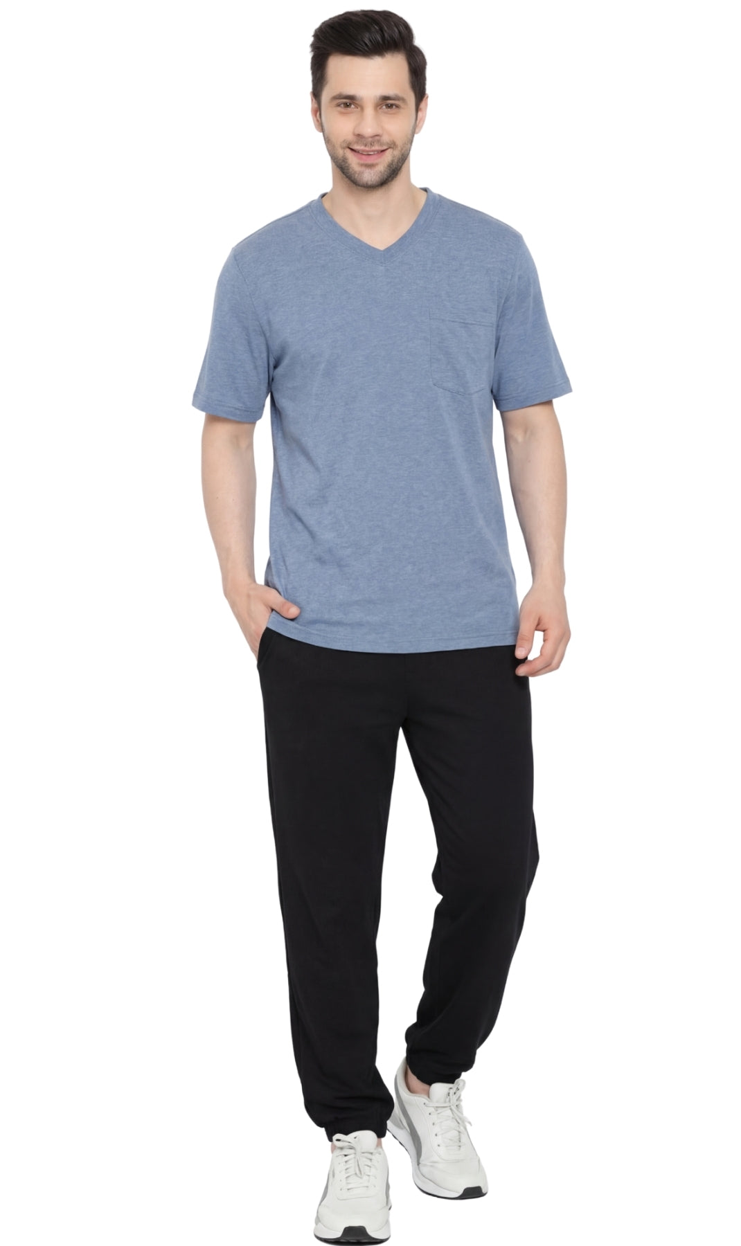 Turtle Bay men's heavyweight v-neck pocket t-shirt in Blue Heather, full-length view