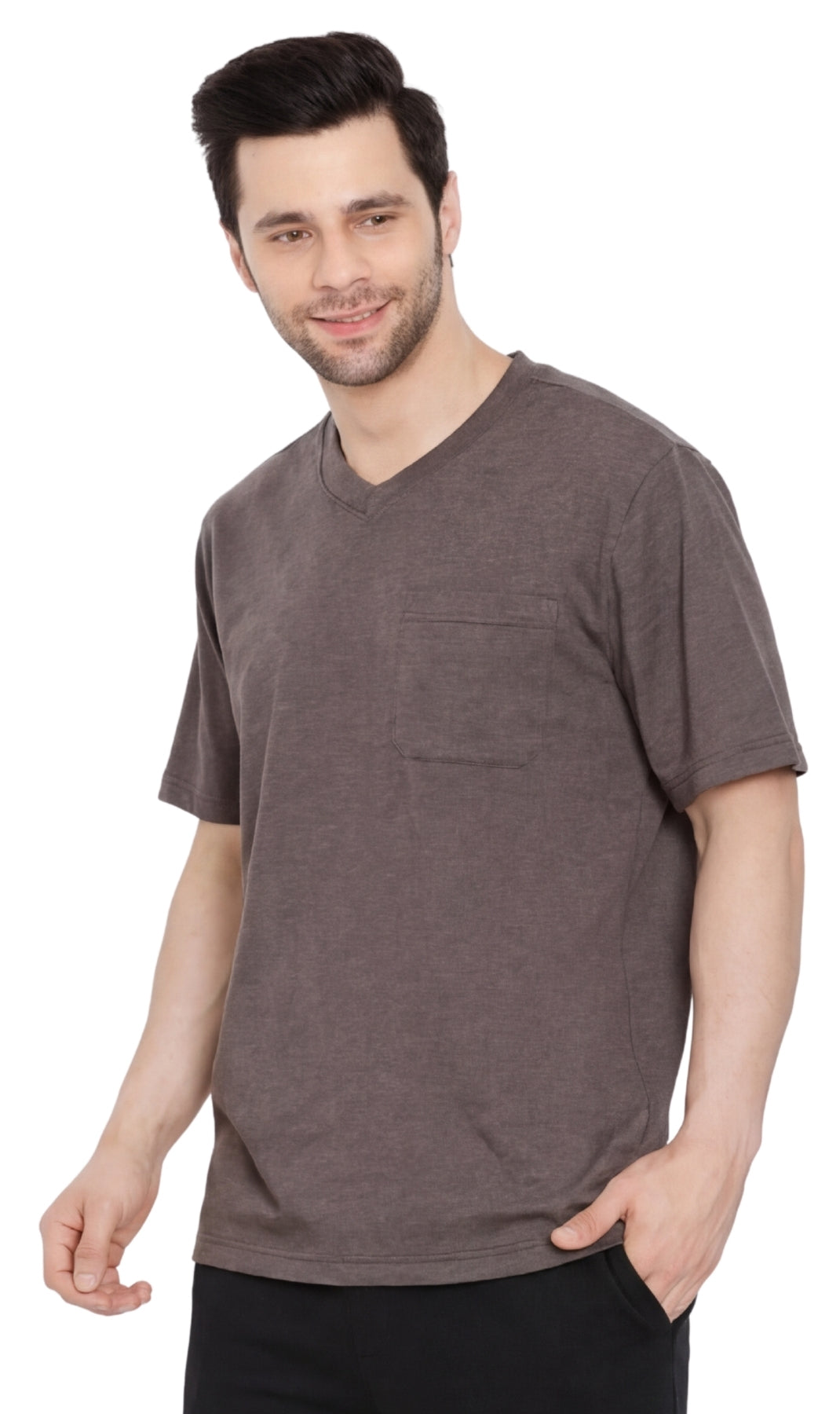 Turtle Bay men's heavyweight v-neck pocket t-shirt in Charcoal Heather, front view