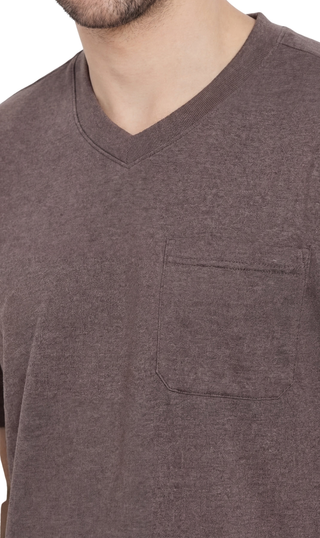 Turtle Bay men's heavyweight v-neck pocket t-shirt in Charcoal Heather, neckline detail