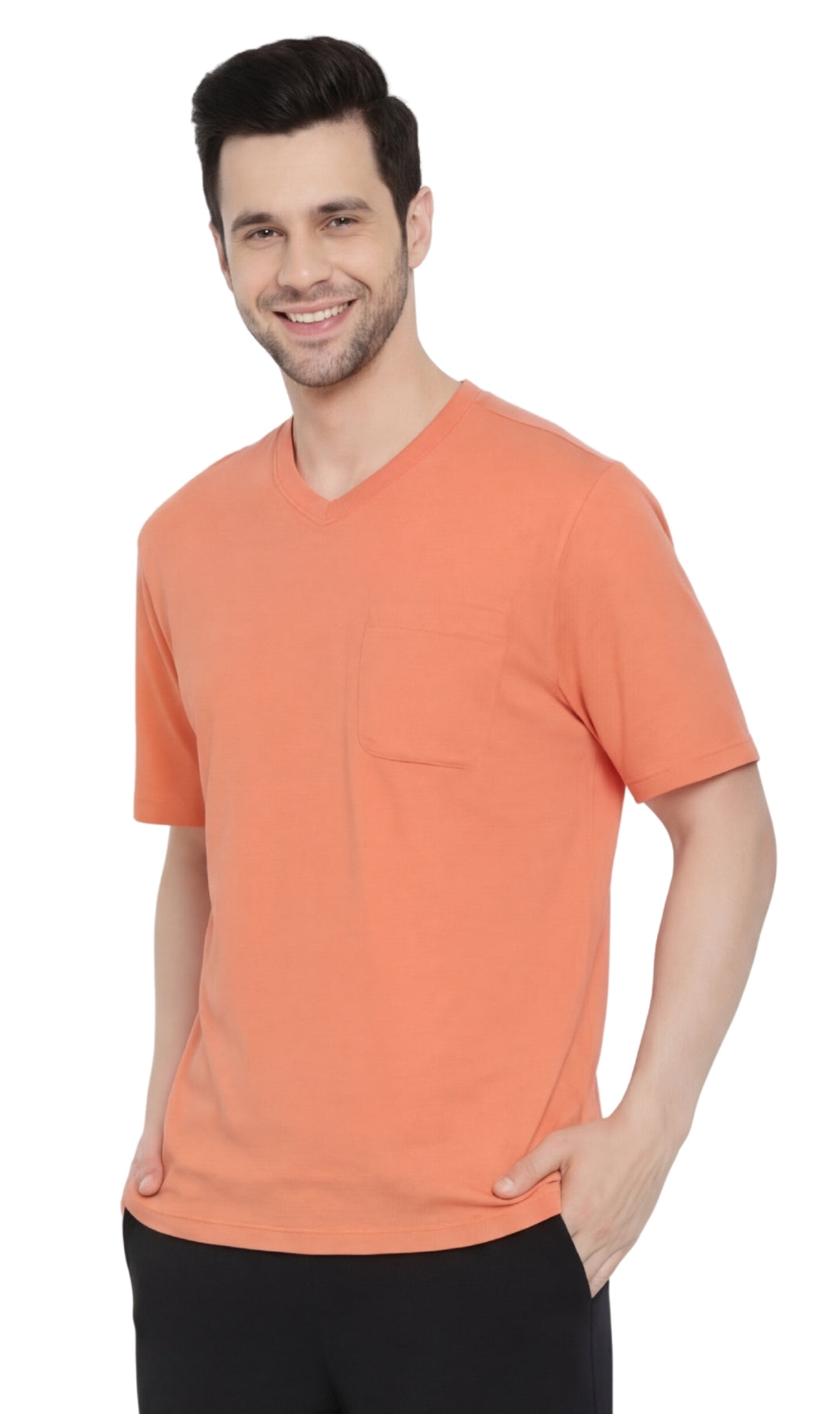 Turtle Bay men's heavyweight v-neck pocket t-shirt in Melon