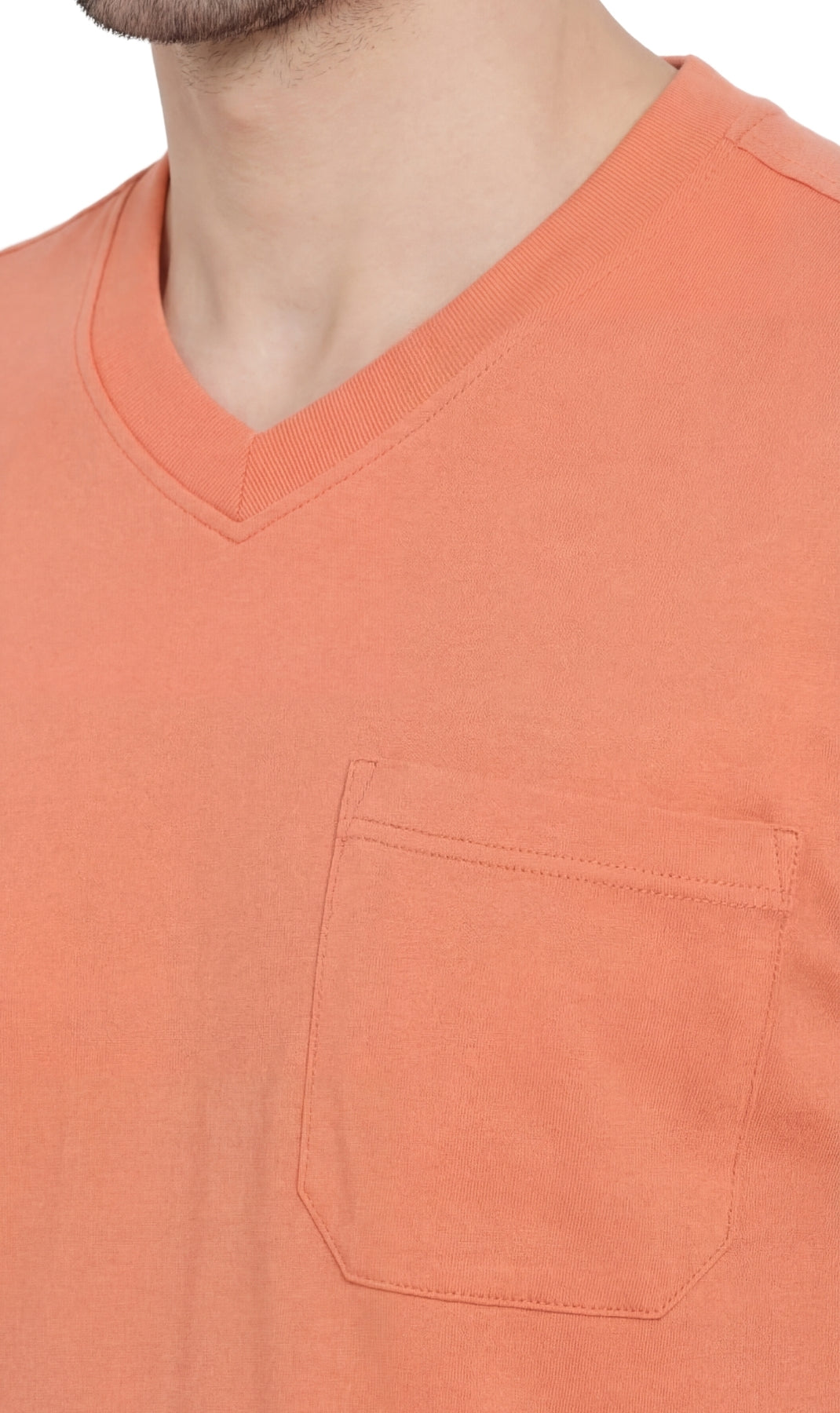 Turtle Bay men's heavyweight v-neck pocket t-shirt in Melon, neckline detail
