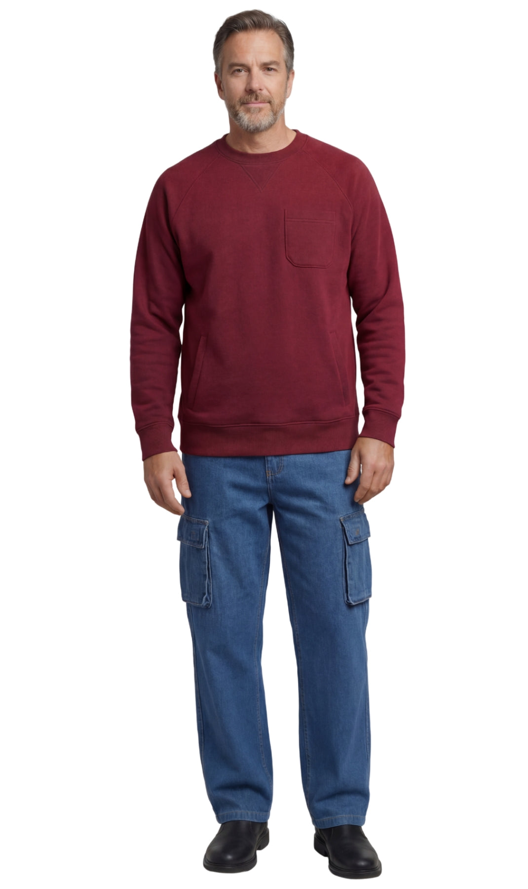 Turtle Bay men's 3-pocket fleece sweatshirt in Burgundy, full-length view