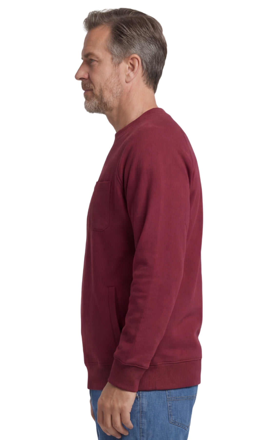 Turtle Bay men's 3-pocket fleece sweatshirt in Burgundy, side view