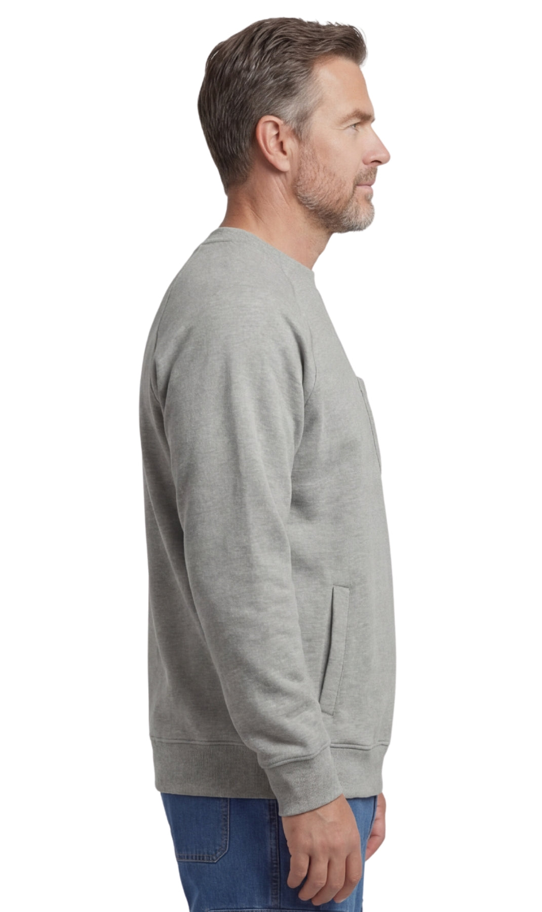 Turtle Bay men's 3-pocket fleece sweatshirt in Grey Heather, side view