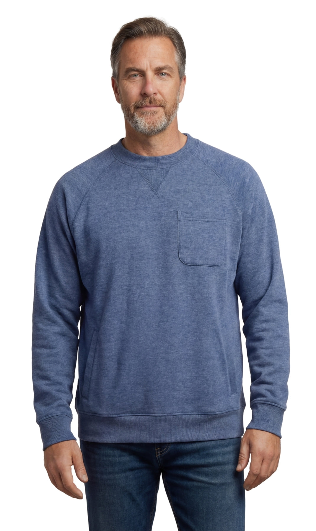Turtle Bay men's 3-pocket fleece sweatshirt in Blue Heather, front view