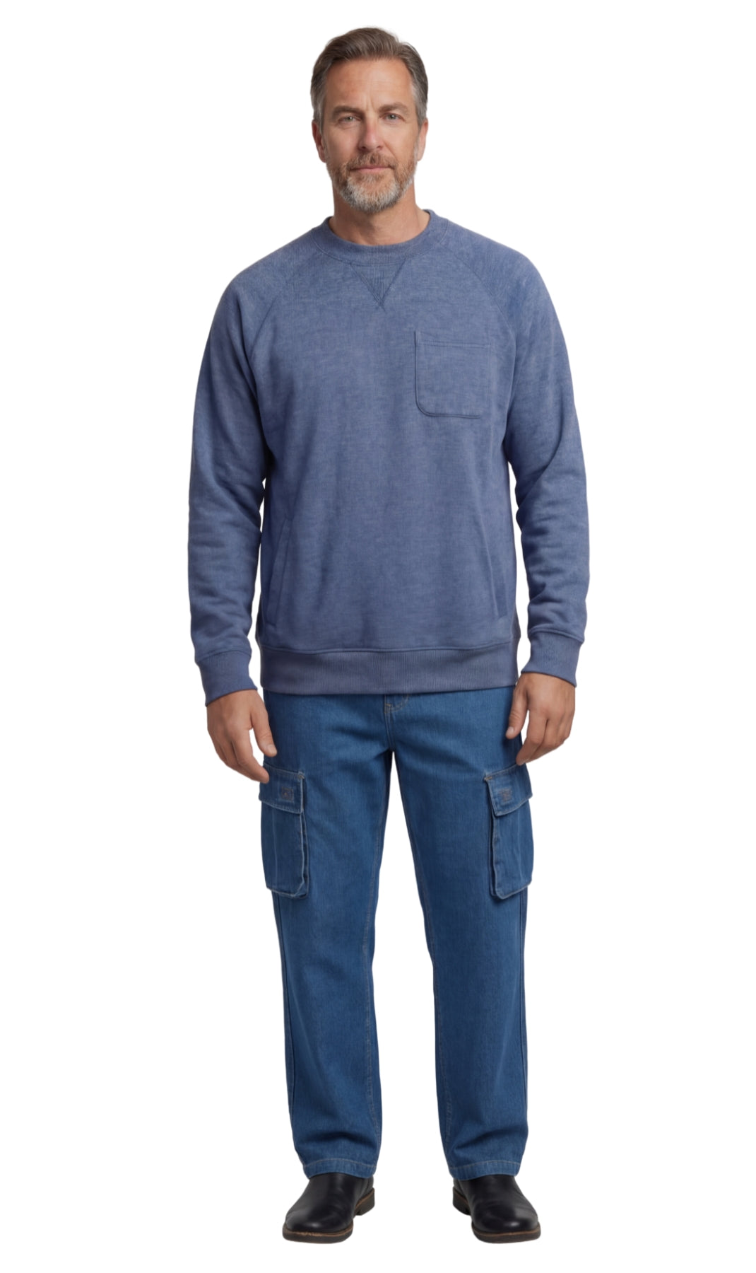 Turtle Bay men's 3-pocket fleece sweatshirt in Blue Heather, full-length view