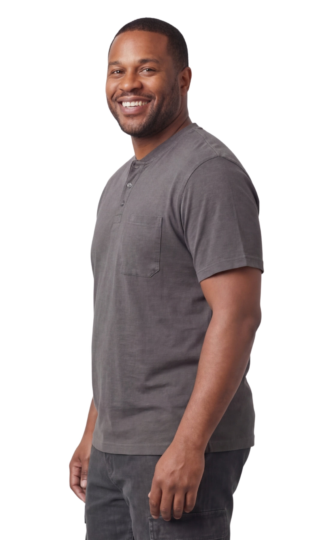 Turtle Bay men's short sleeve henley t-shirt in Charcoal Heather, alternate view