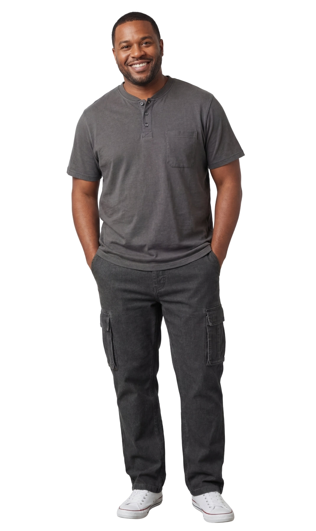 Turtle Bay men's short sleeve henley t-shirt in Charcoal Heather, styled photo