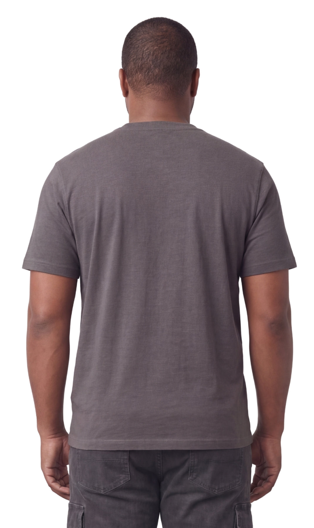 Turtle Bay men's short sleeve henley t-shirt in Charcoal Heather, back view