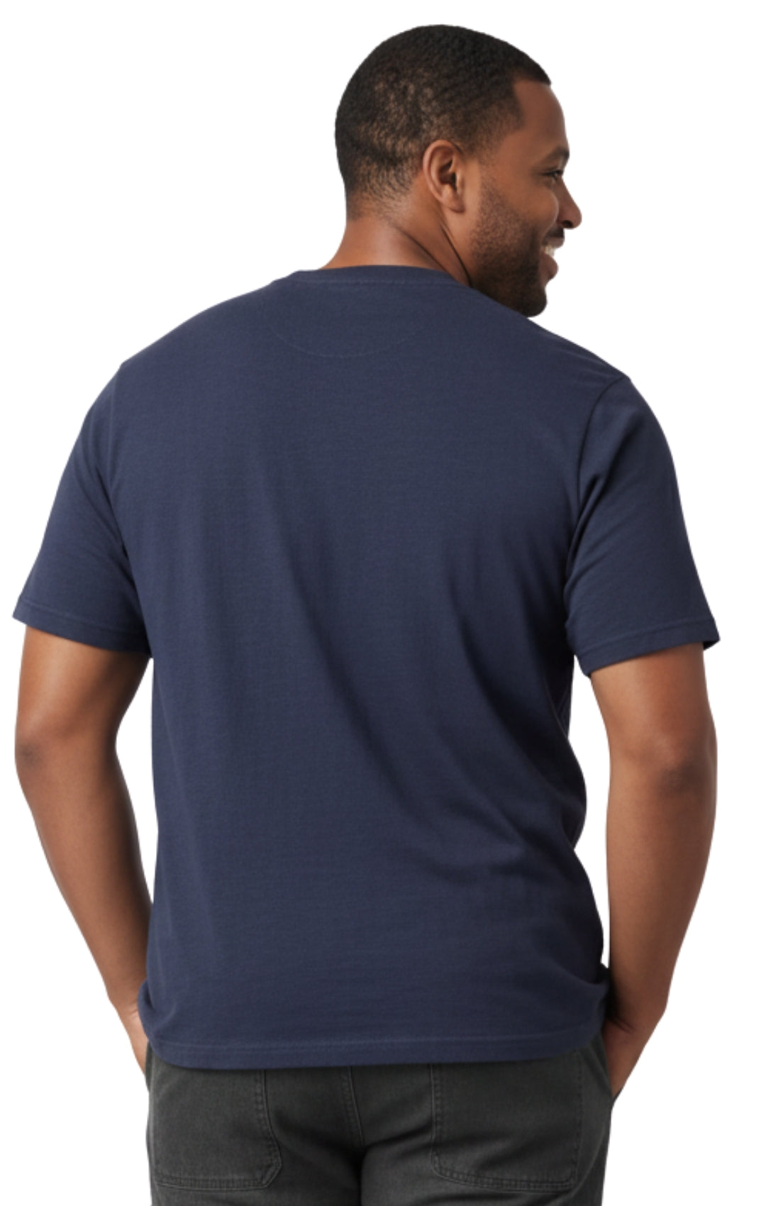 Turtle Bay men's short sleeve henley t-shirt in Navy, back view