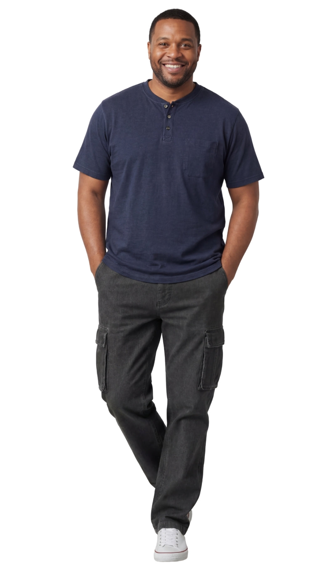 Turtle Bay men's short sleeve henley t-shirt in Navy, full-length view