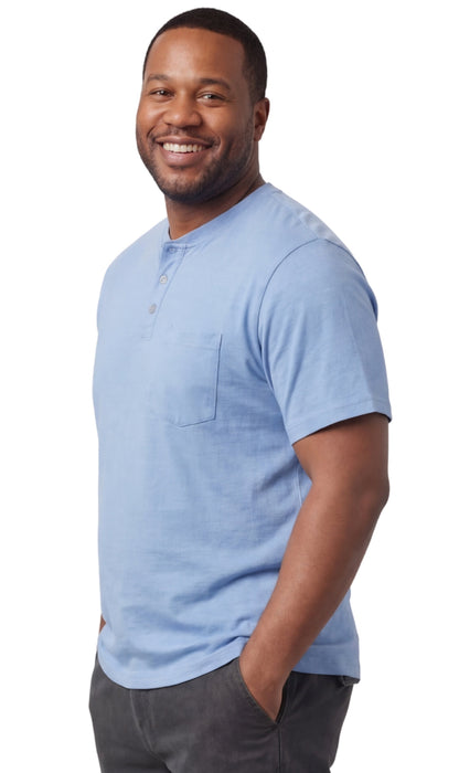 Turtle Bay men's short sleeve henley t-shirt in Blue Heather, side view