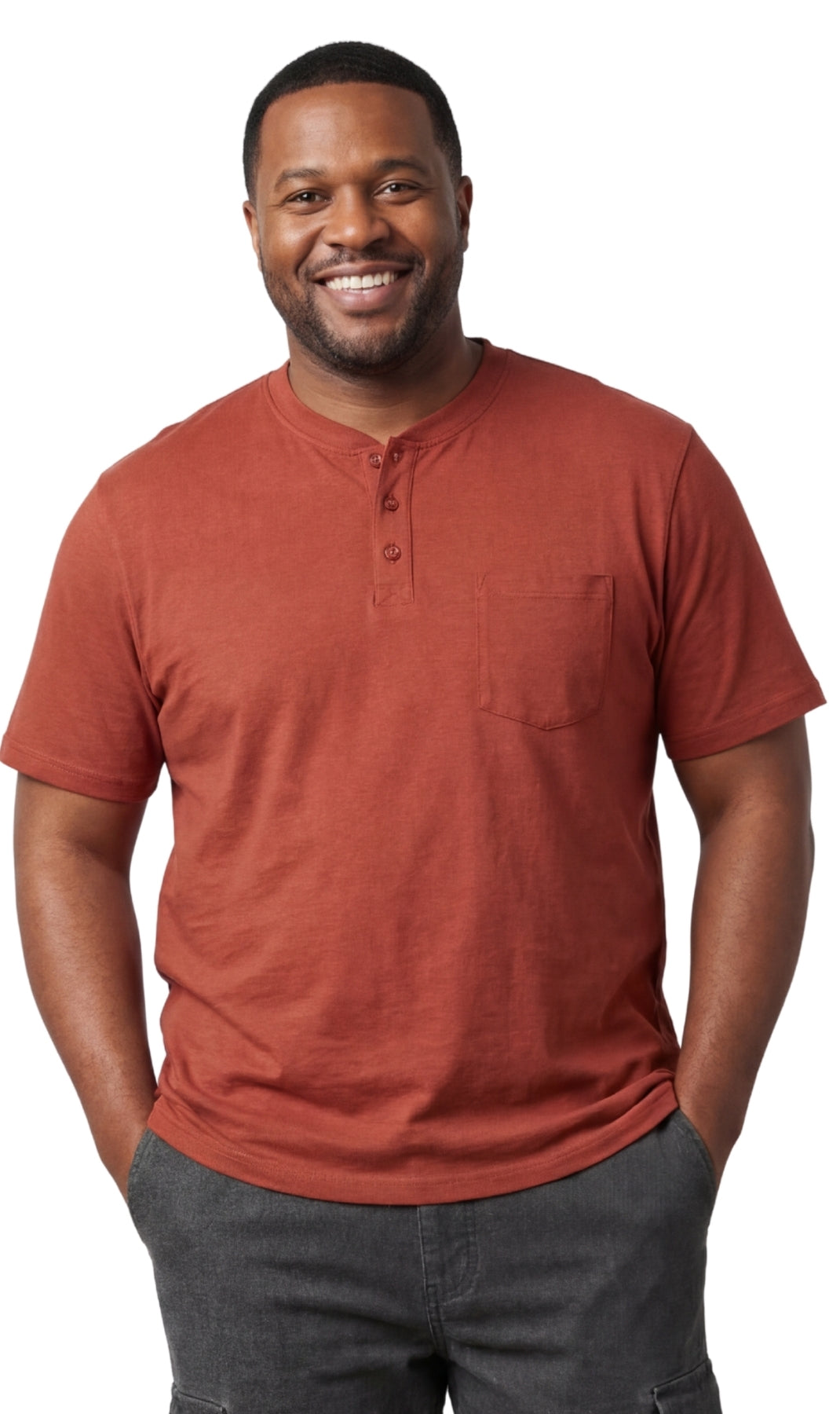 Turtle Bay men's short sleeve henley t-shirt in Redwood, front view