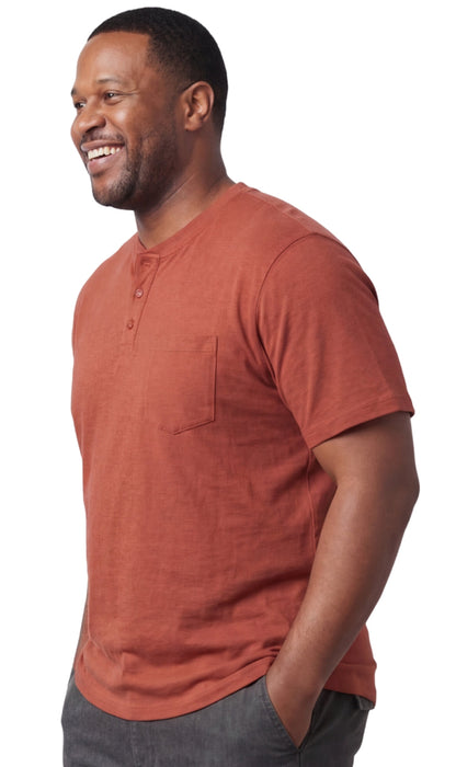 Turtle Bay men's short sleeve henley t-shirt in Redwood, front view, additional detail