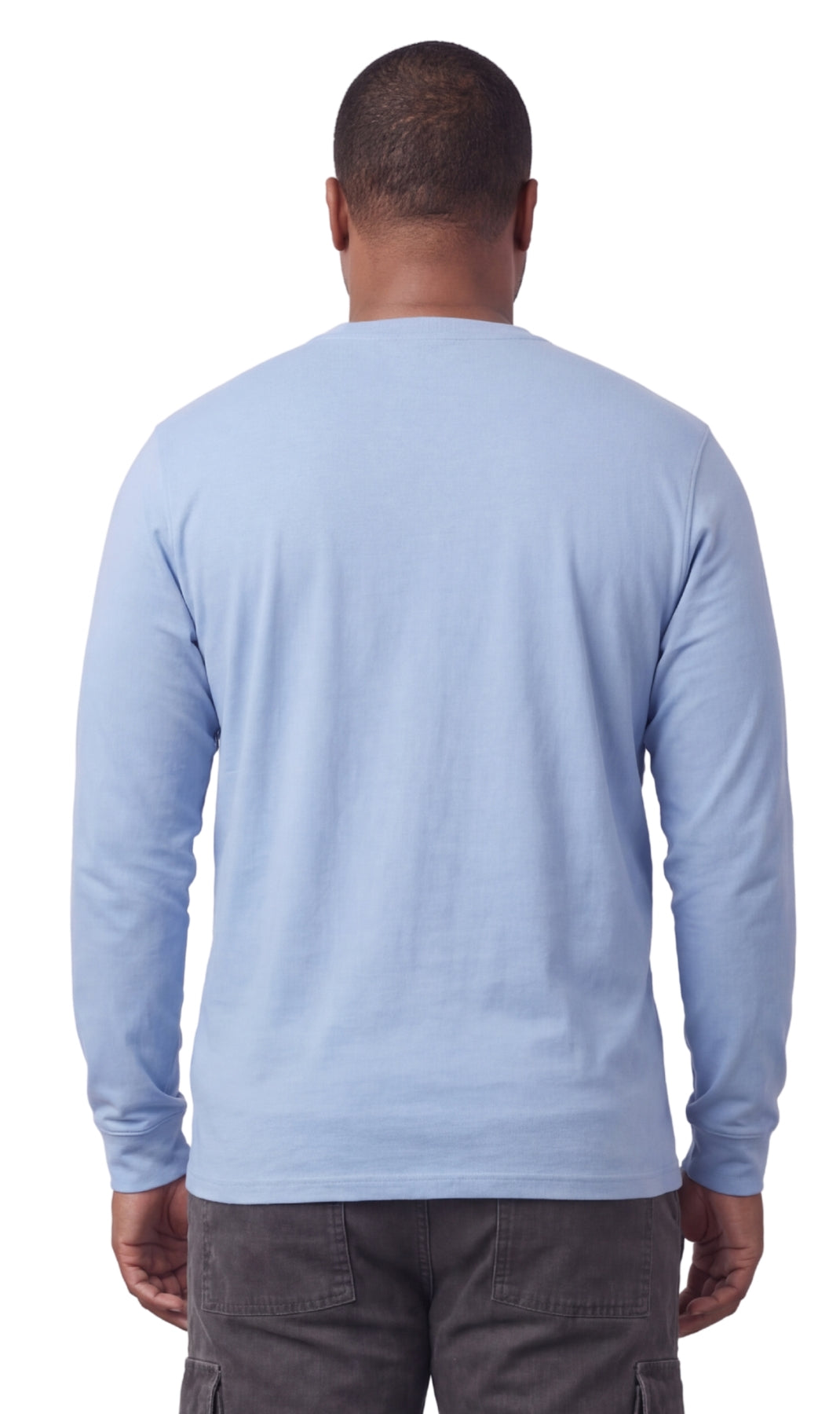 Turtle Bay men's long sleeve henley shirt in Blue Heather, back view