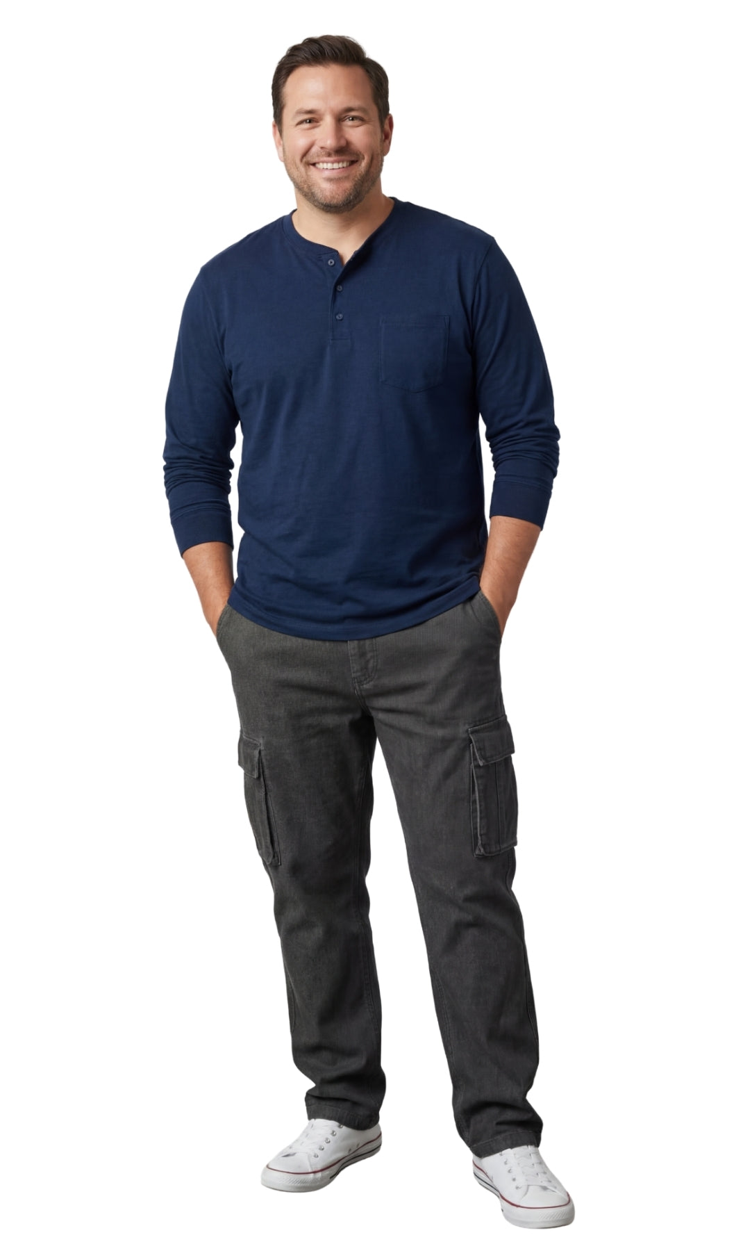 Turtle Bay men's long sleeve henley shirt in Navy, full-length view