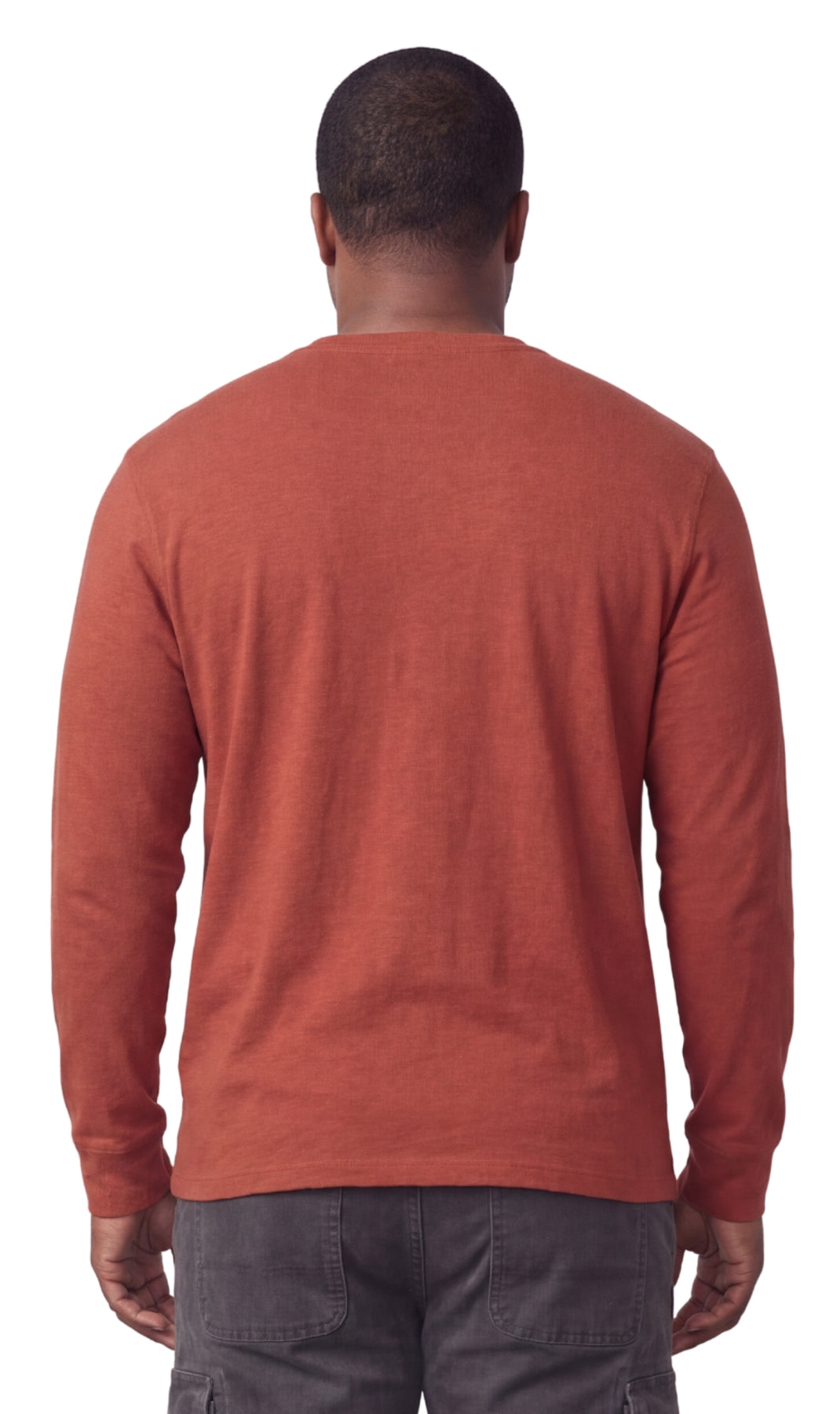Turtle Bay men's long sleeve henley shirt in Redwood, back view